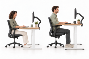 Deux utilisateurs de morphologies différentes assis à deux hauteurs de bureau différentes