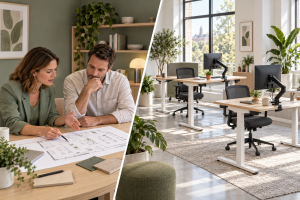 Étude d'implantation de bureaux et espace de travail équipé de bureaux assis-debout